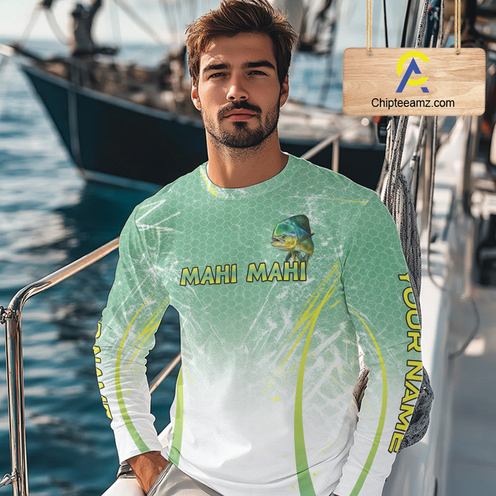 Mahi Mahi Fishing Shirts Long Sleeve Green Camo, Saltwater Fishing Shirts For Men NBT405
