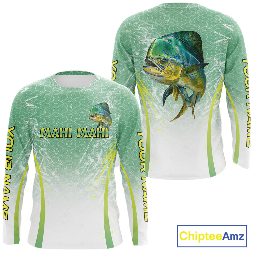 Mahi Mahi Fishing Shirts Long Sleeve Green Camo, Saltwater Fishing Shirts For Men NBT405