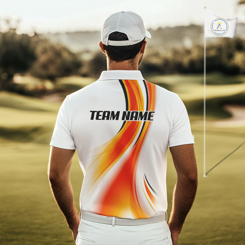 Man wearing Orange White Womens Golf Polo Shirt Custom Team Name Back View