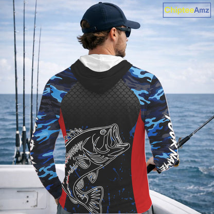 Bass Fishing Hooded Long Sleeve Shirts Blue Camouflage Fish Scale Tournament Bass Fishing Shirts NBT363