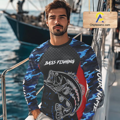 Bass Fishing Shirts Long Sleeve Blue Camouflage Fish Scale Custom Name Tournament Bass Fishing Shirts NBT363