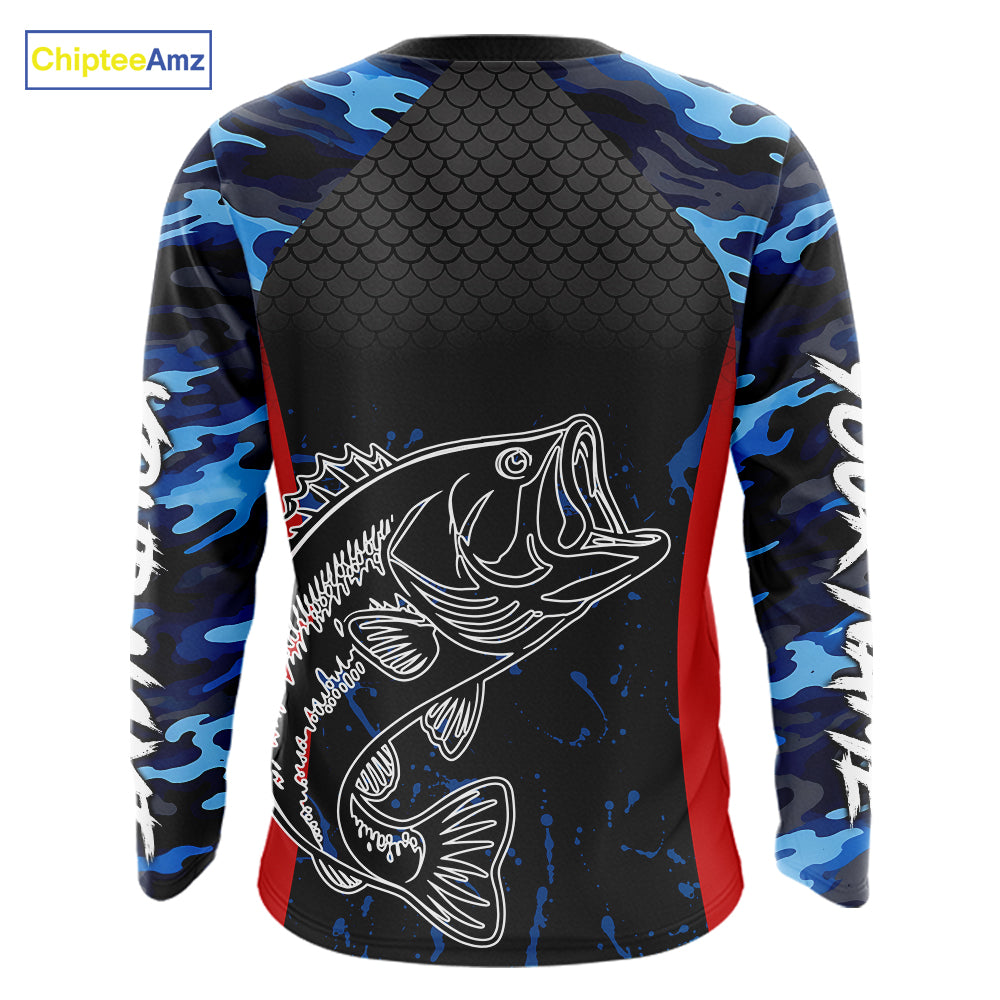 Bass Fishing Shirts Long Sleeve Blue Camouflage Fish Scale Custom Name Tournament Bass Fishing Shirts NBT363