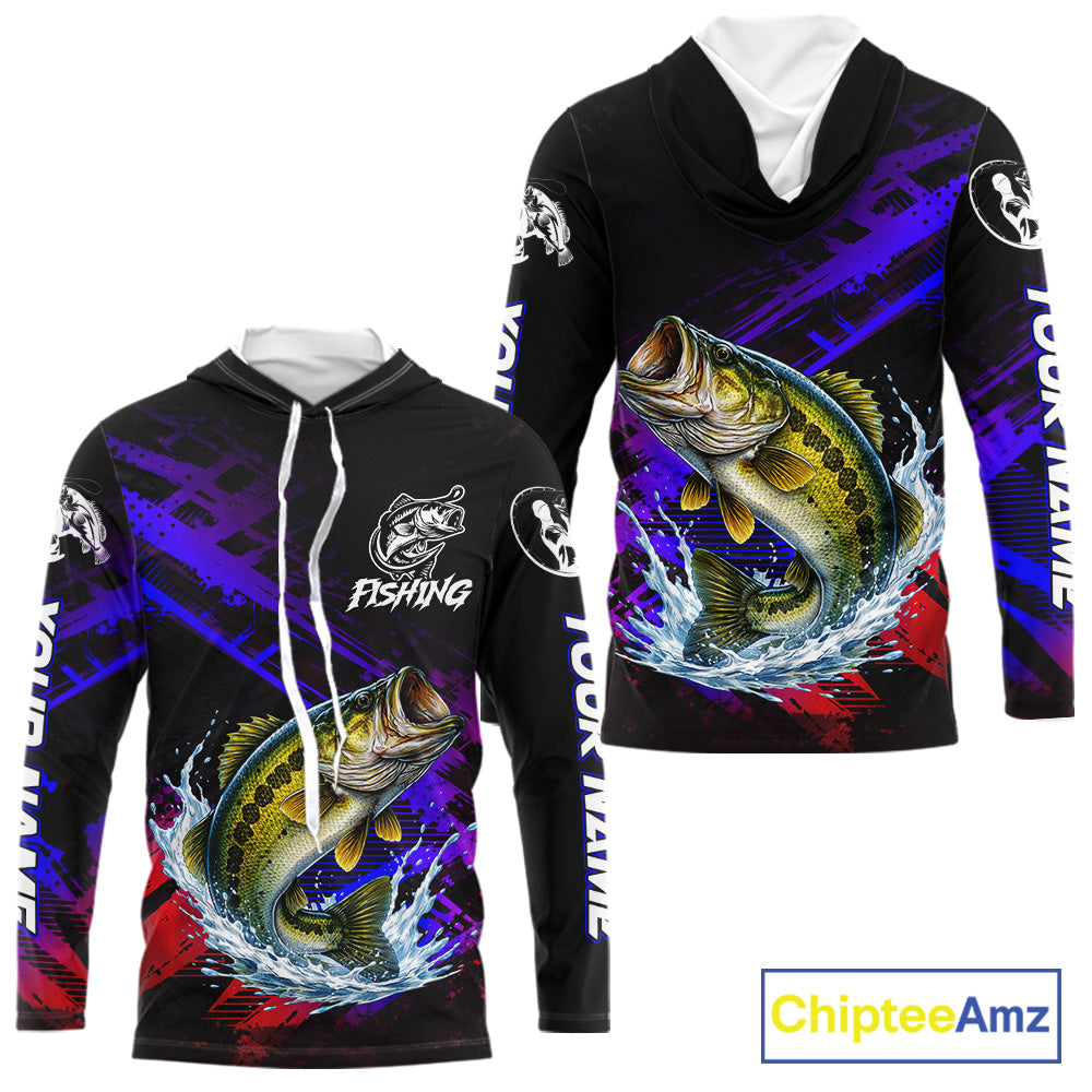 Bass Fishing Long Sleeve Hooded Purple Camo UPF Fishing Shirts, Bass Fishing Tournament Shirts NBT464