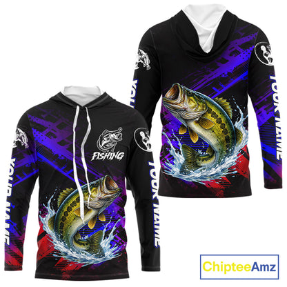 Bass Fishing Long Sleeve Hooded Purple Camo UPF Fishing Shirts, Bass Fishing Tournament Shirts NBT464