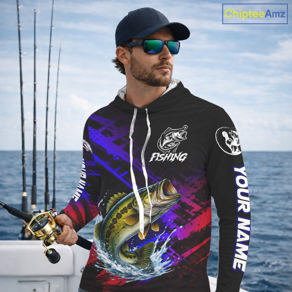 Bass Fishing Long Sleeve Hooded Purple Camo UPF Fishing Shirts, Bass Fishing Tournament Shirts NBT464