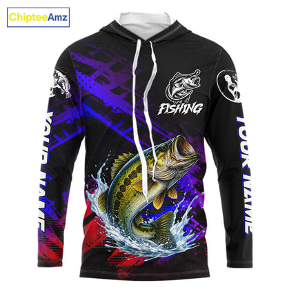 Bass Fishing Long Sleeve Hooded Purple Camo UPF Fishing Shirts, Bass Fishing Tournament Shirts NBT464