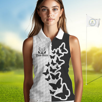 Black And White Butterfly Womens Sleeveless Golf Polo Shirt Custom Name White Golf Shirts, Golf Attire NBT595