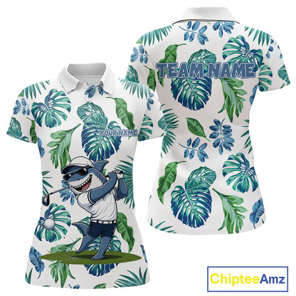 Funny Womens Golf Polo Shirt Tropical Pattern Custom Name Shark Playing Golf Shirt Funny Golf Apparel NBT715