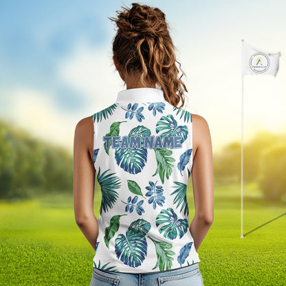Funny Womens Sleeveless Golf Polo Shirt Tropical Pattern Custom Name Shark Playing Golf Shirt Funny Golf Apparel NBT715