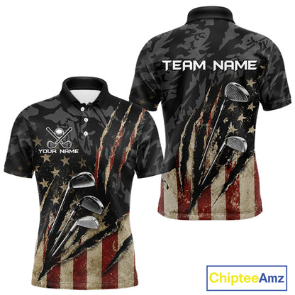 American Flag Golf Clubs Camo Mens Polo Shirt Back View Custom Name & Team Name