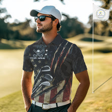 Load image into Gallery viewer, Man wearing American Flag Golf Clubs Camo Mens Polo Shirt Front View