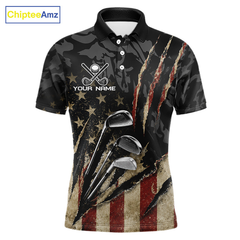American Flag Golf Clubs Camo Mens Polo Shirt Front View Custom Name