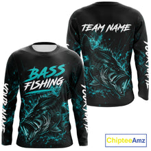 Load image into Gallery viewer, Front and back view of personalized bass fishing neon camo long sleeve fishing shirt with personalized name