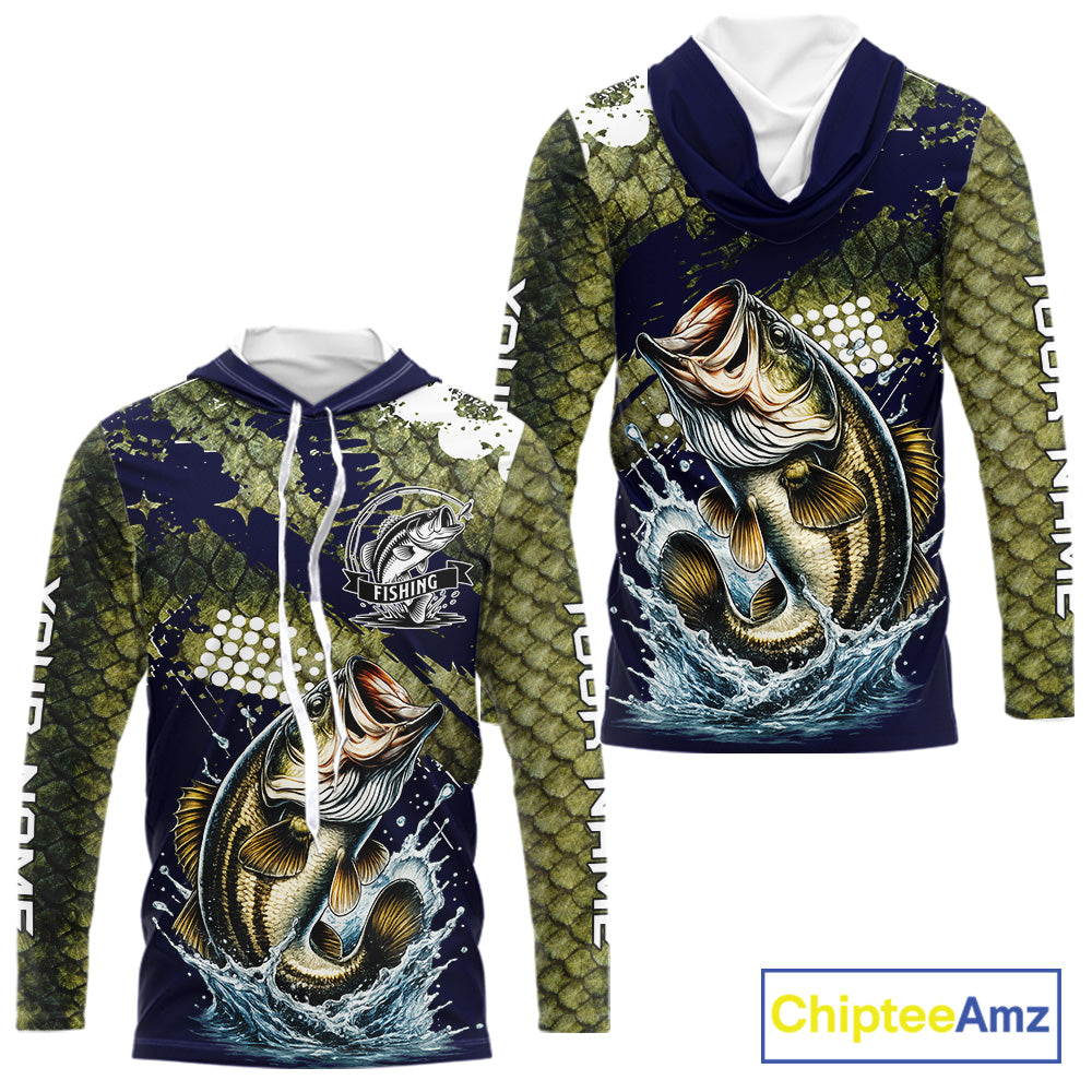 Custom Bass Fishing Green Bass Scales Hooded Fishing Shirts For Men, Bass Fishing Shirts NBT470