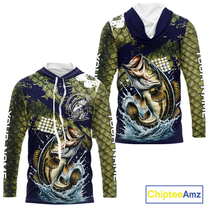 Custom Bass Fishing Green Bass Scales Hooded Fishing Shirts For Men, Bass Fishing Shirts NBT470
