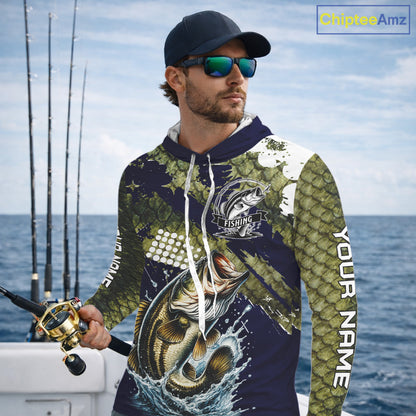 Custom Bass Fishing Green Bass Scales Hooded Fishing Shirts For Men, Bass Fishing Shirts NBT470