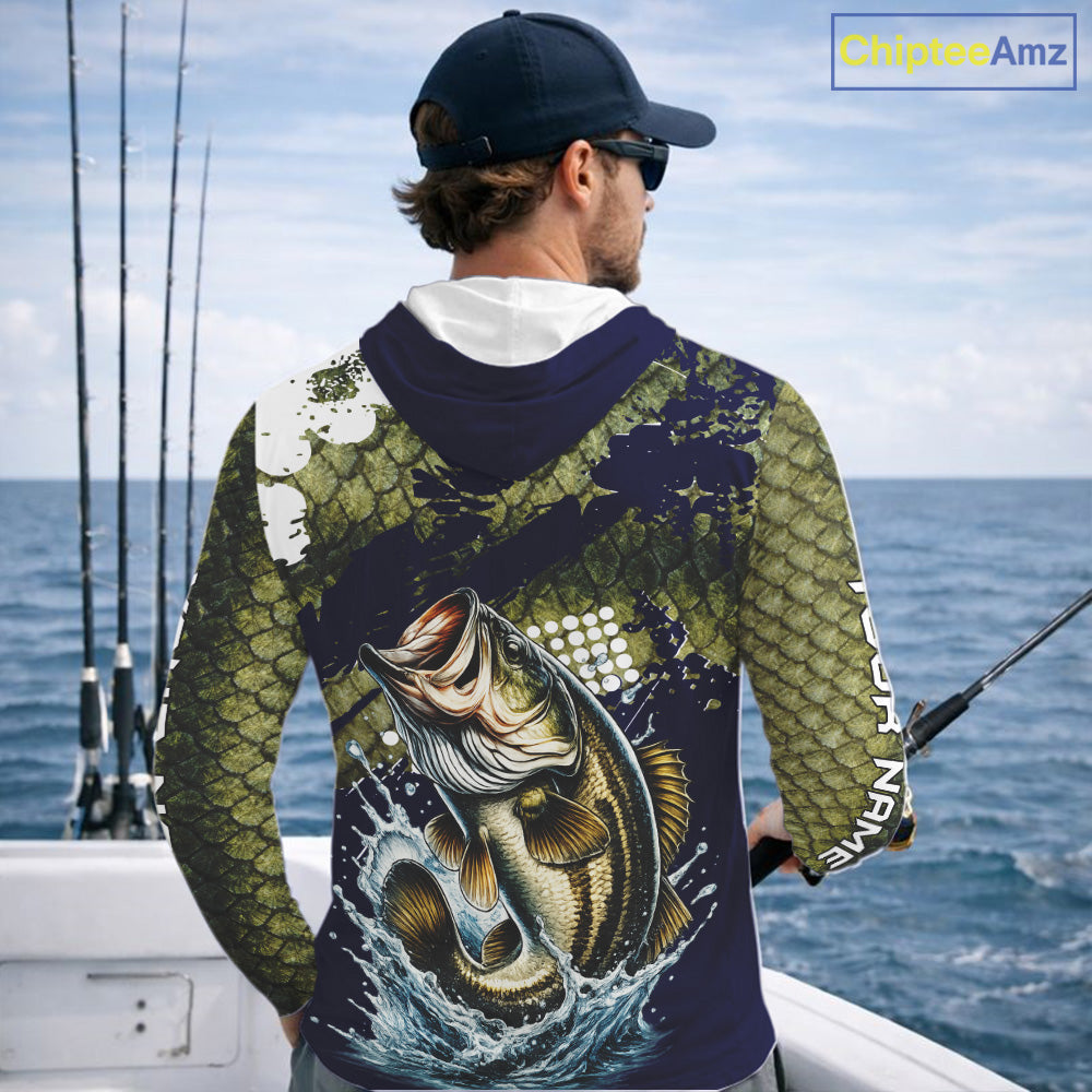 Custom Bass Fishing Green Bass Scales Hooded Fishing Shirts For Men, Bass Fishing Shirts NBT470
