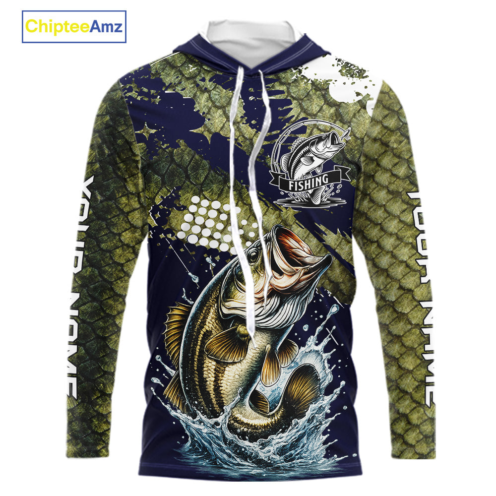Custom Bass Fishing Green Bass Scales Hooded Fishing Shirts For Men, Bass Fishing Shirts NBT470