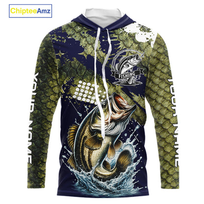 Custom Bass Fishing Green Bass Scales Hooded Fishing Shirts For Men, Bass Fishing Shirts NBT470