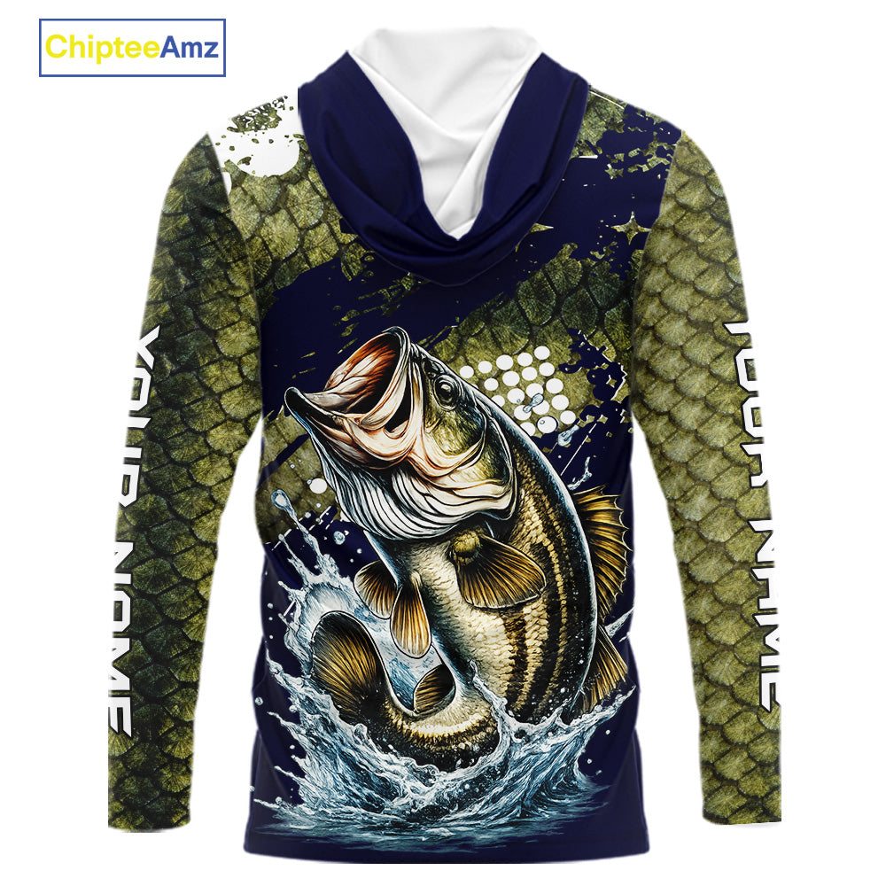 Custom Bass Fishing Green Bass Scales Hooded Fishing Shirts For Men, Bass Fishing Shirts NBT470