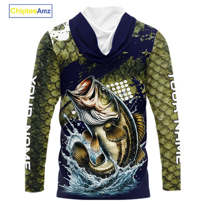 Custom Bass Fishing Green Bass Scales Hooded Fishing Shirts For Men, Bass Fishing Shirts NBT470