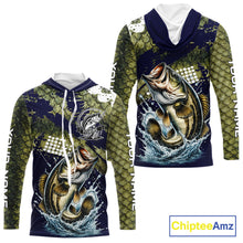 Load image into Gallery viewer, Custom Bass Fishing Green Bass Scales Hooded Fishing Shirts For Men, Bass Fishing Shirts NBT470