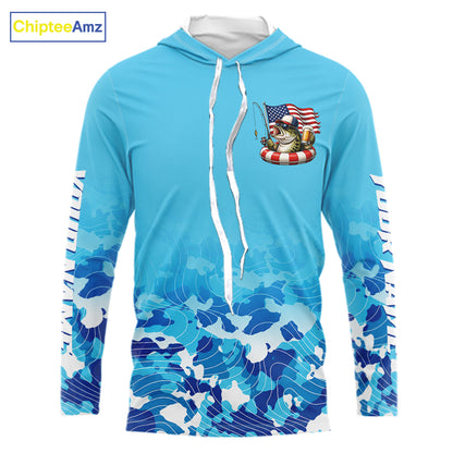 Blue Camouflage Bass Fishing American Flag Fishing Shirts Long Sleeve, Custom Patriotic Bass Shirt NBT977