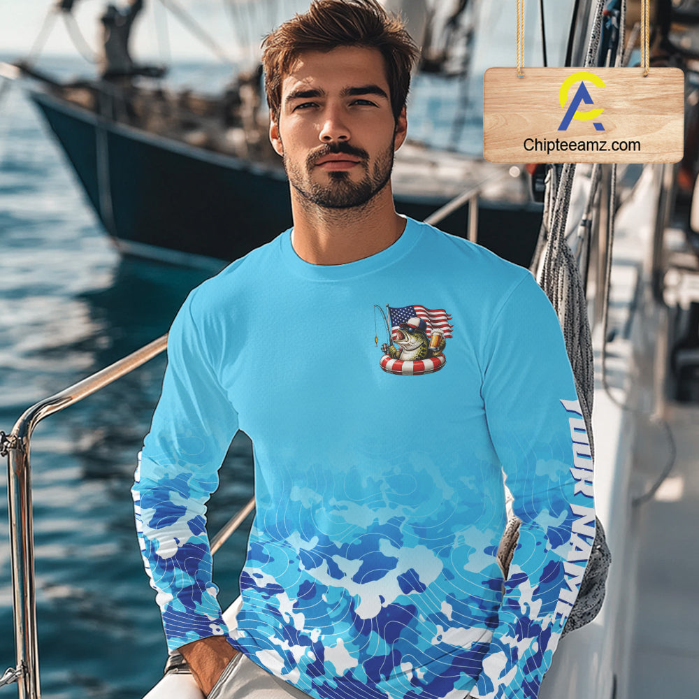 Blue Camouflage Bass Fishing American Flag Fishing Shirts Long Sleeve, Custom Patriotic Bass Shirt NBT977