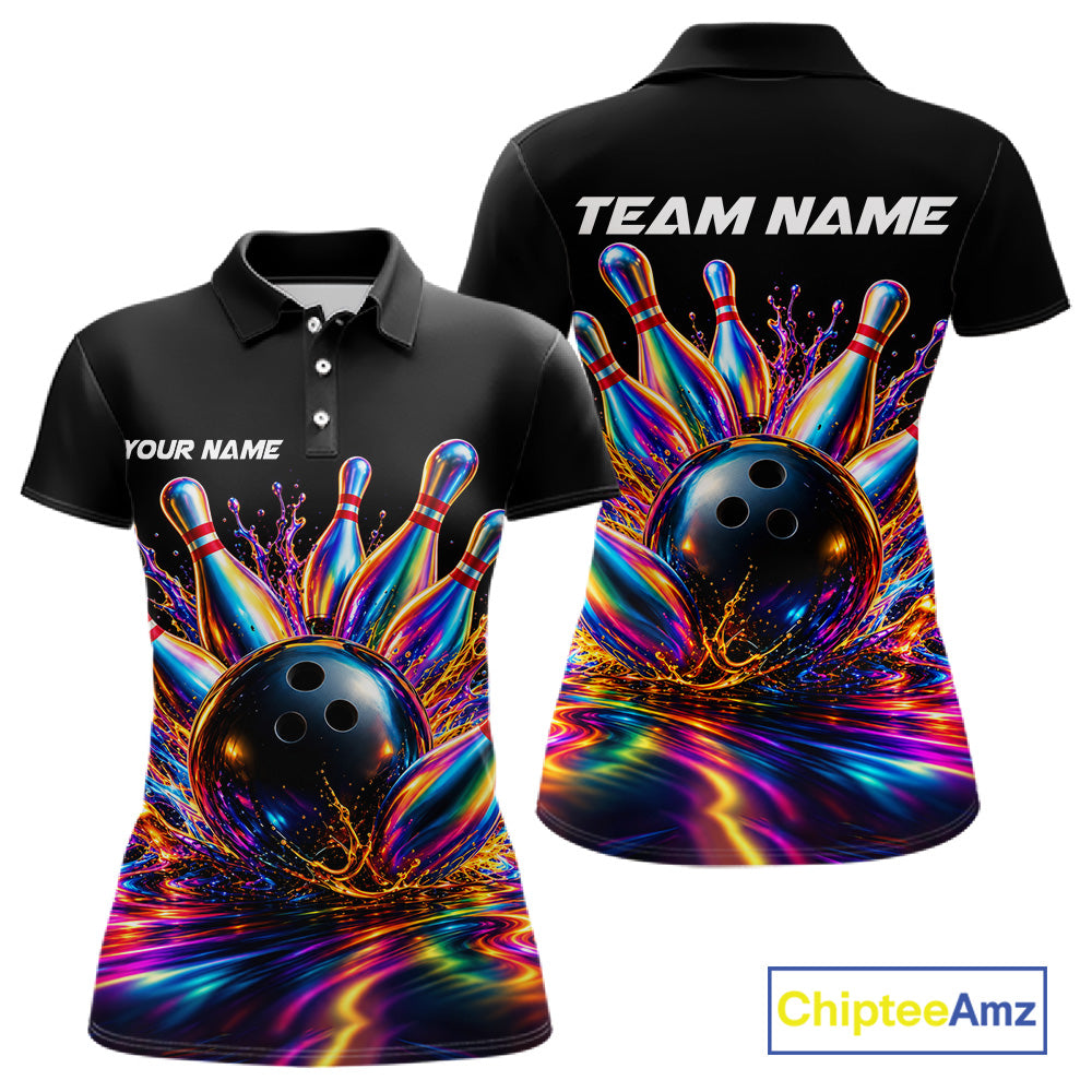 Custom Hologram Bowling Polo Quarter-Zip Shirts For Women, Bowling Team Bowler Outfit NBT1160