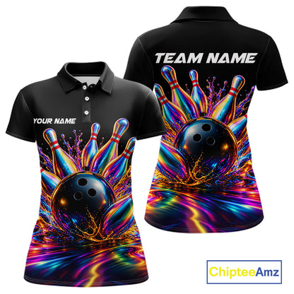 Custom Hologram Bowling Polo Quarter-Zip Shirts For Women, Bowling Team Bowler Outfit NBT1160
