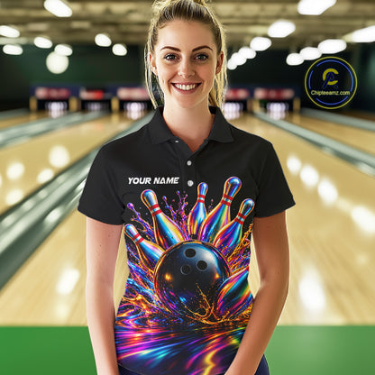 Custom Hologram Bowling Polo Quarter-Zip Shirts For Women, Bowling Team Bowler Outfit NBT1160