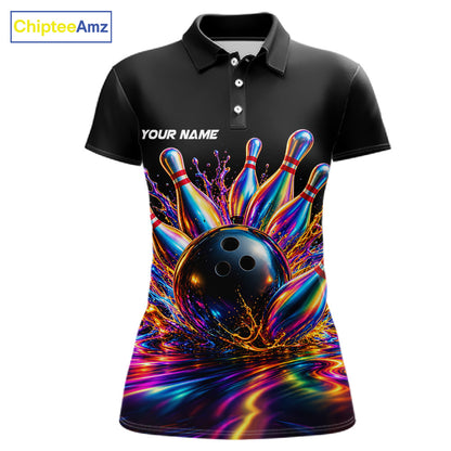 Custom Hologram Bowling Polo Quarter-Zip Shirts For Women, Bowling Team Bowler Outfit NBT1160