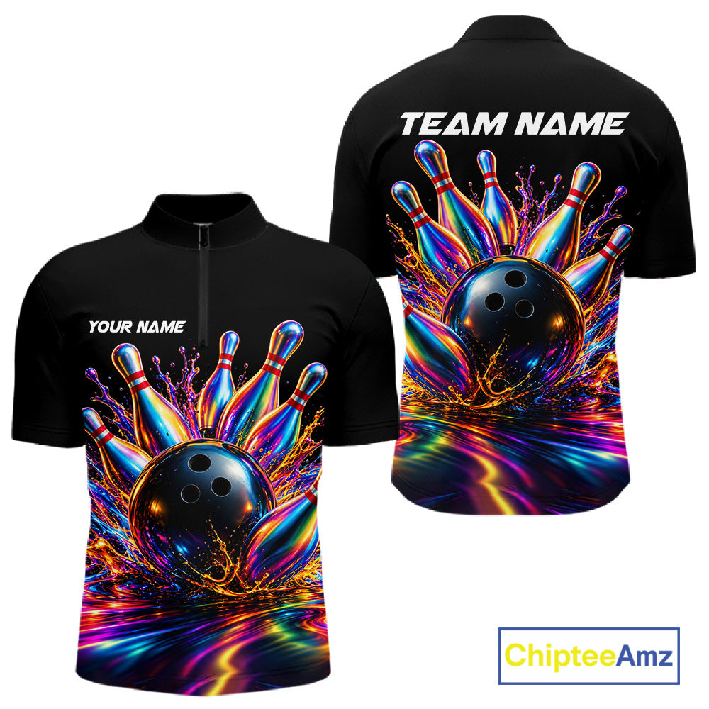Custom Hologram Bowling Polo Quarter-Zip Shirts For Men, Bowling Team Bowler Outfit NBT1160