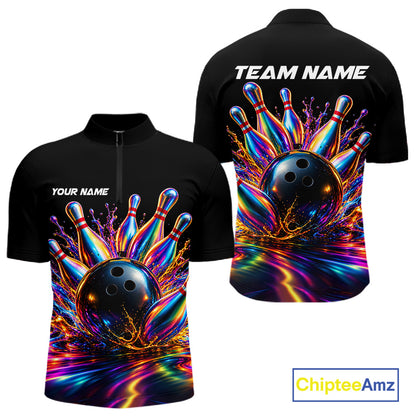 Custom Hologram Bowling Polo Quarter-Zip Shirts For Men, Bowling Team Bowler Outfit NBT1160