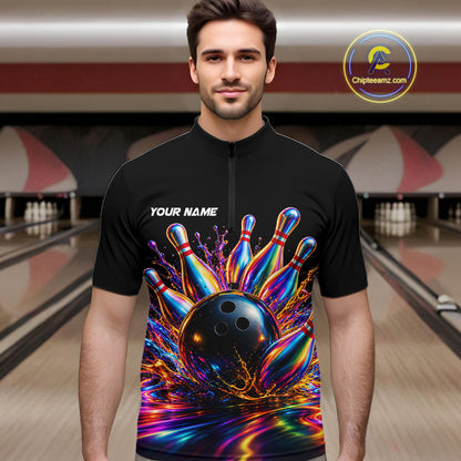 Custom Hologram Bowling Polo Quarter-Zip Shirts For Men, Bowling Team Bowler Outfit NBT1160