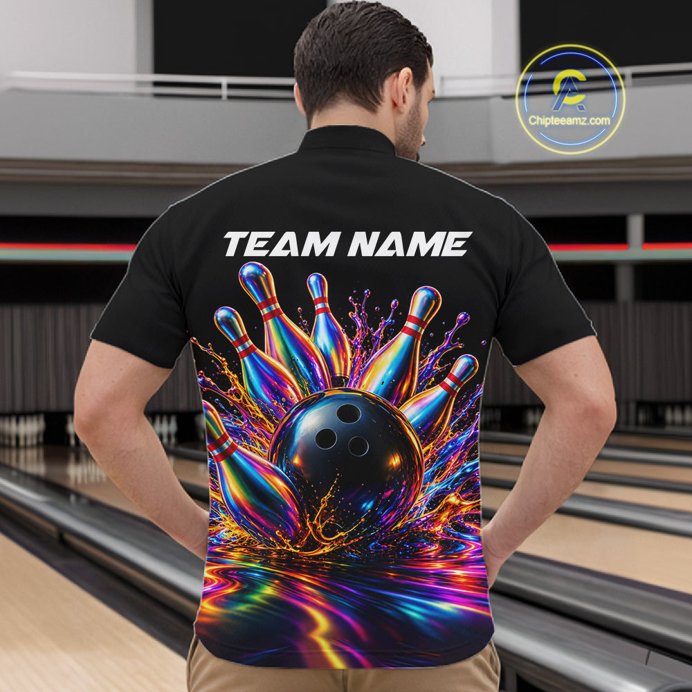 Custom Hologram Bowling Polo Quarter-Zip Shirts For Men, Bowling Team Bowler Outfit NBT1160