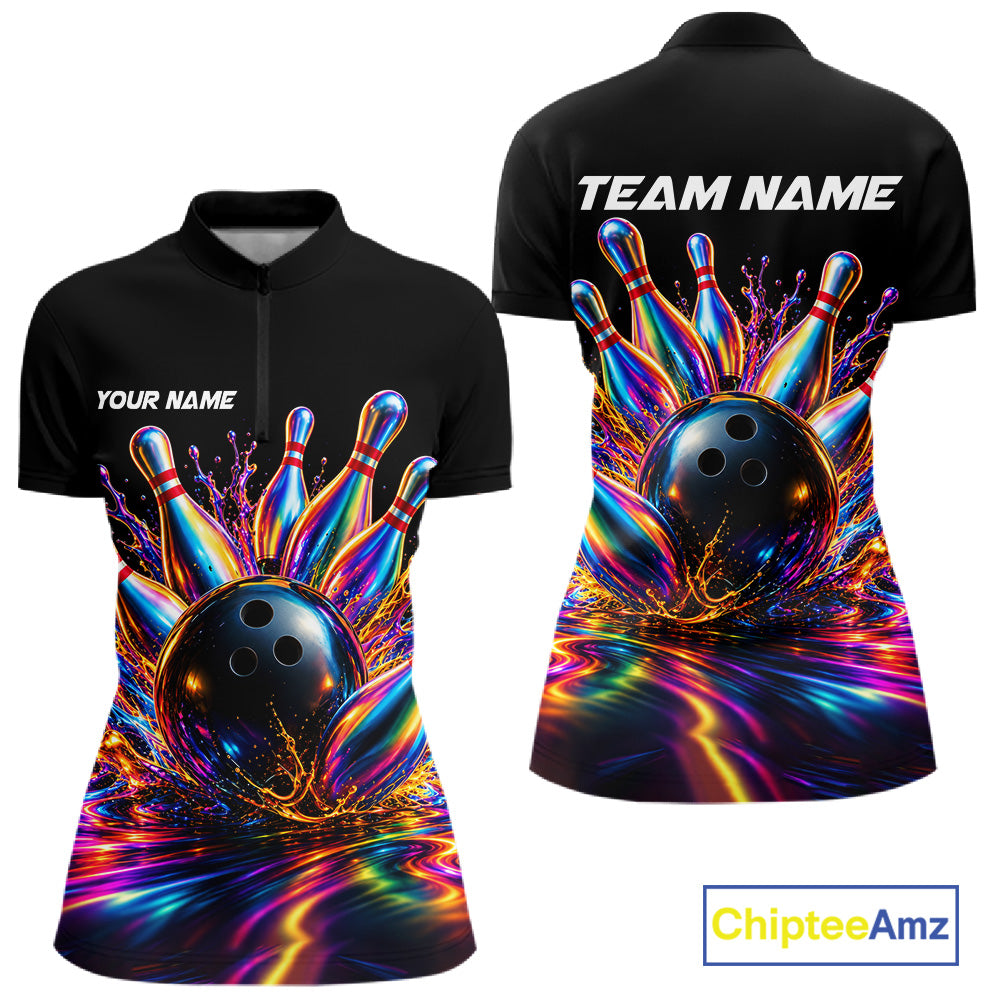 Custom Hologram Bowling Polo Quarter-Zip Shirts For Women, Bowling Team Bowler Outfit NBT1160