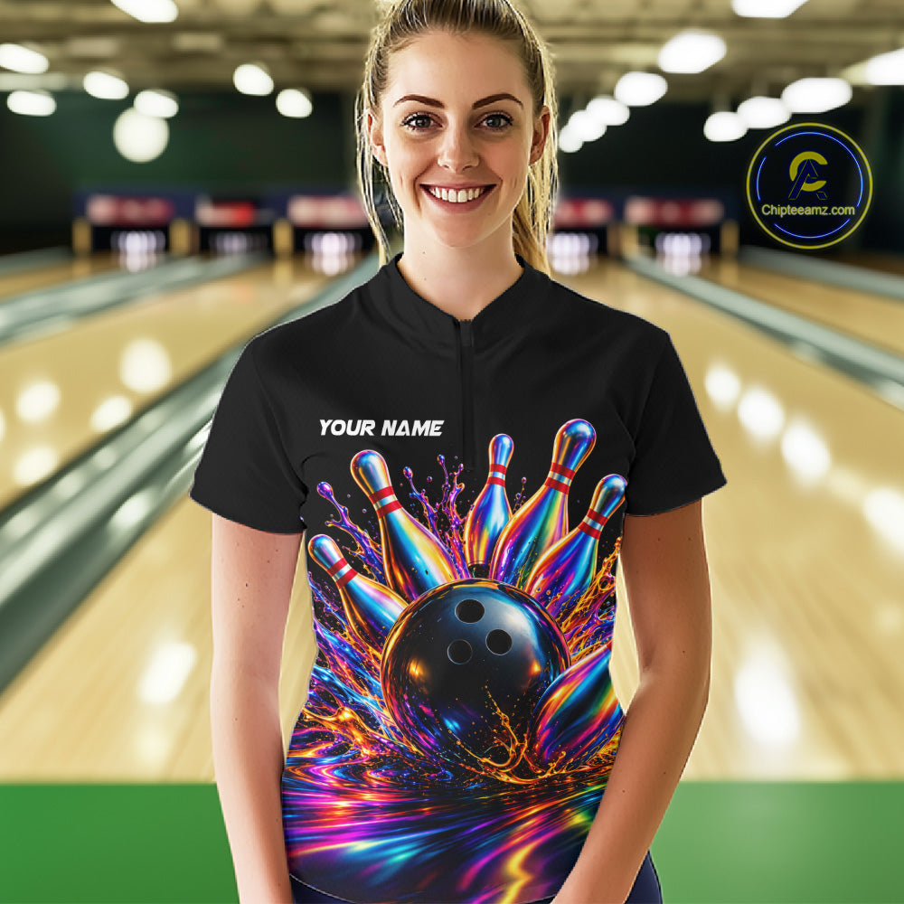 Custom Hologram Bowling Polo Quarter-Zip Shirts For Women, Bowling Team Bowler Outfit NBT1160