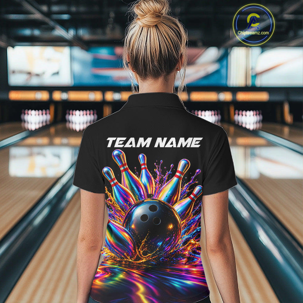 Custom Hologram Bowling Polo Quarter-Zip Shirts For Women, Bowling Team Bowler Outfit NBT1160