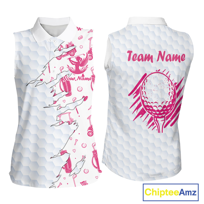 Women Sleeveless Golf Polo Shirt Custom Name Funny Golf Bag Cart Pattern Shirt, Golf Gifts For Ladies NBT825