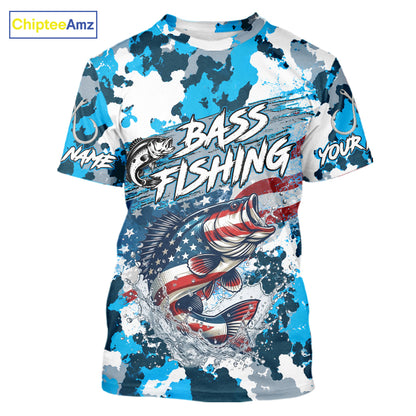 Blue Camouflage American Flag Bass Fishing Fishing T-Shirt, Custom Bass Fishing Shirt NBT978
