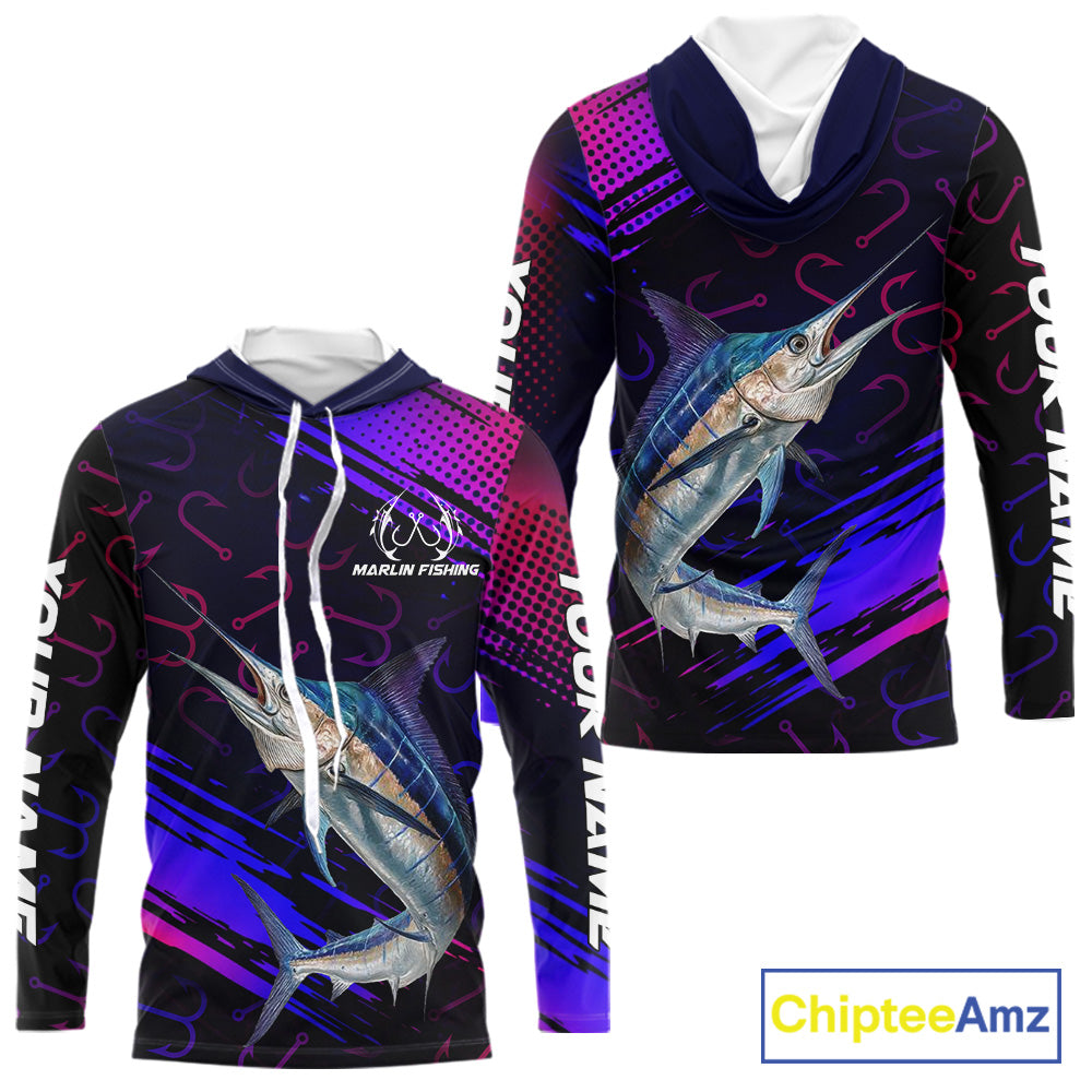 Custom Marlin Fishing Shirts with Hood Fish Hooks Long Sleeve Performance Shirt, Marlin Fishing Jersey NBT475