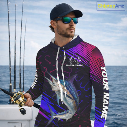 Custom Marlin Fishing Shirts with Hood Fish Hooks Long Sleeve Performance Shirt, Marlin Fishing Jersey NBT475