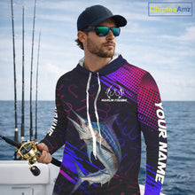 Load image into Gallery viewer, Custom Marlin Fishing Shirts with Hood Fish Hooks Long Sleeve Performance Shirt, Marlin Fishing Jersey NBT475