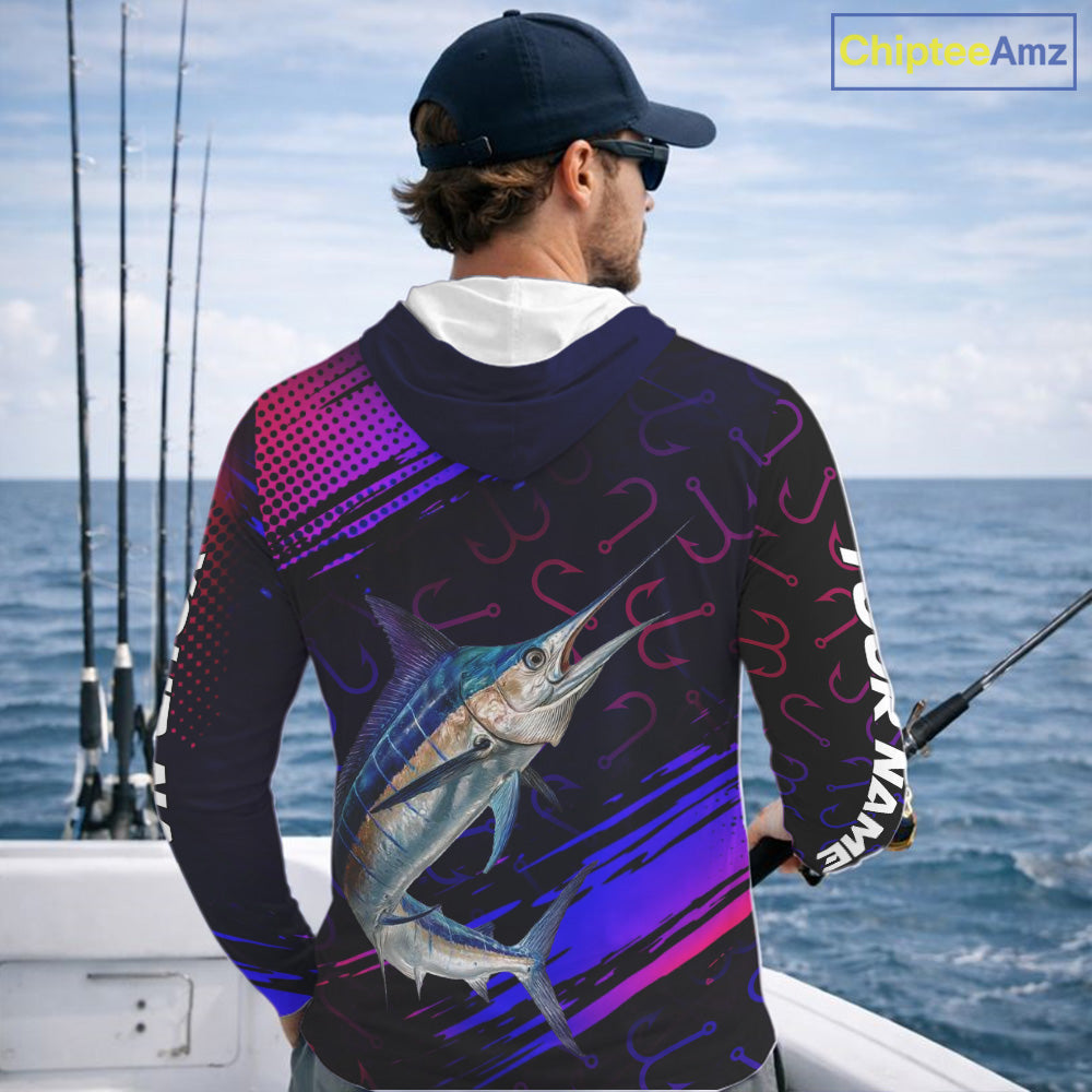 Custom Marlin Fishing Shirts with Hood Fish Hooks Long Sleeve Performance Shirt, Marlin Fishing Jersey NBT475