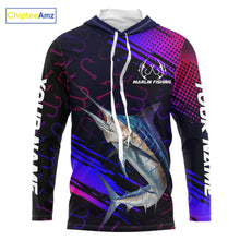 Load image into Gallery viewer, Custom Marlin Fishing Shirts with Hood Fish Hooks Long Sleeve Performance Shirt, Marlin Fishing Jersey NBT475