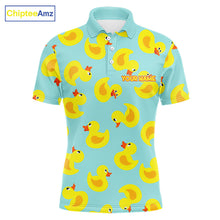 Load image into Gallery viewer, Funny Rubber Duck Golf Shirt front view - cute yellow rubber duck print design, breathable polyester fabric, short sleeve Polo shirt, tailored fit, white collar, custom golf team shirt 