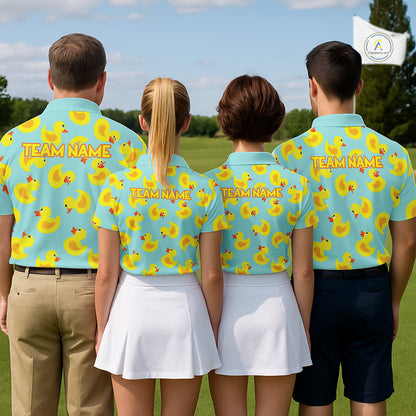 Funny Rubber Duck Golf Shirt for team golf group - multiple golfers wearing cute yellow rubber duck Polo shirts, custom team name 