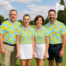Load image into Gallery viewer, Funny Rubber Duck Golf Shirt for team golf group - multiple golfers wearing cute yellow rubber duck Polo shirts, custom team name 