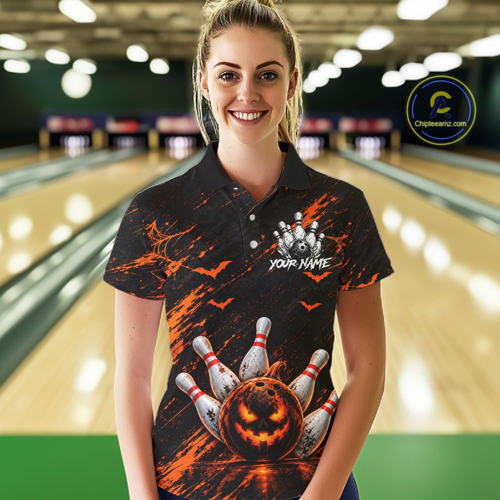 Custom Funny Pumpkin Bowling Shirts For Women, Halloween Bowling Outfits For Bowling Team NBT1166